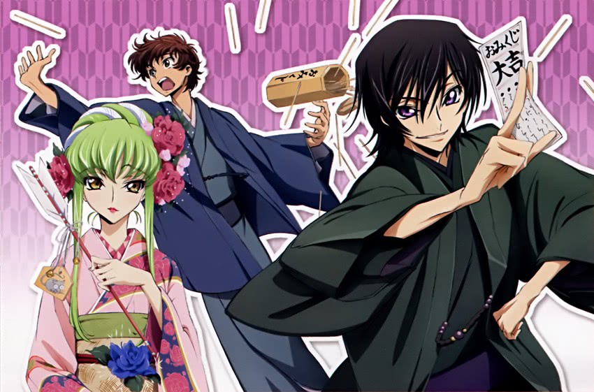 c.c., lelouch vi britannia, and kururugi suzaku (code geass) drawn by okayama_shinako