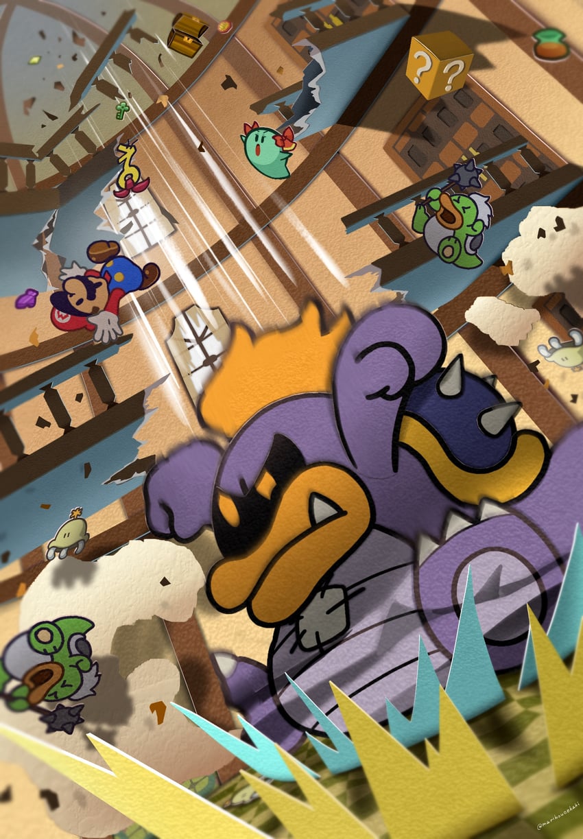 mario, paper mario, bow, tubba blubba, yakkey, and 1 more (mario and 2 more) drawn by maribou_(supermaribou)