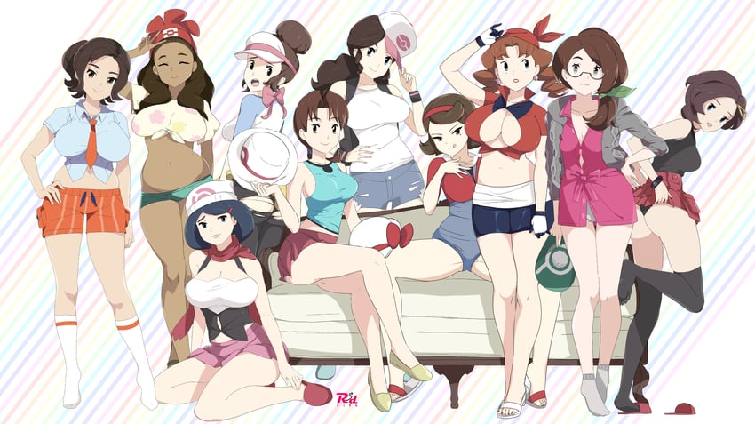 dawn, may, rosa, hilda, gloria, and 13 more (pokemon and 10 more) drawn by agedo and r3dfive