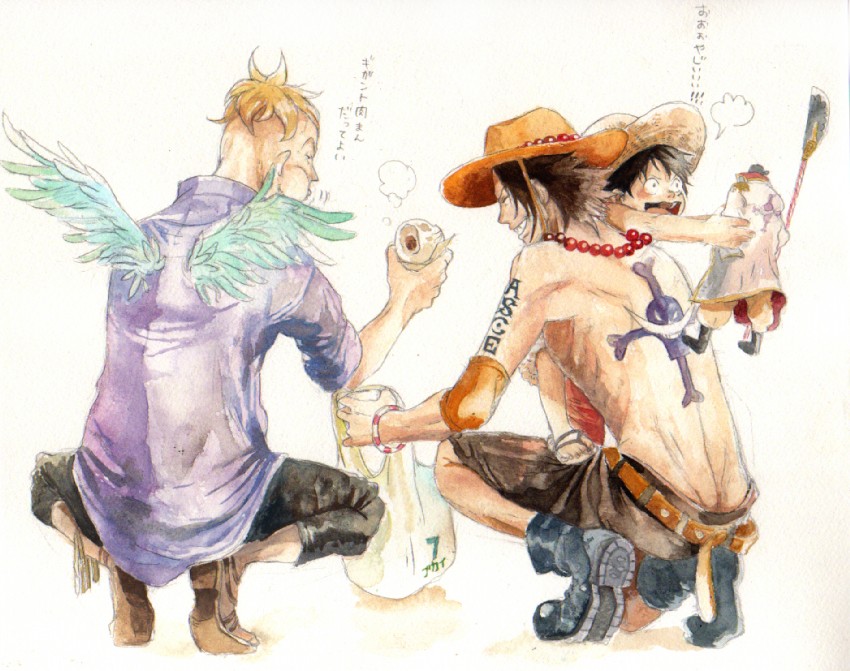 monkey d. luffy, portgas d. ace, marco, and edward newgate (one piece) drawn by chikama_(minka)