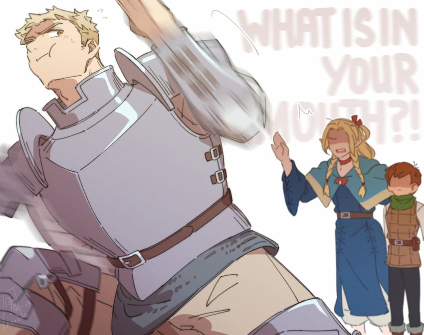 marcille donato, laios touden, and chilchuck tims (dungeon meshi) drawn by satodee