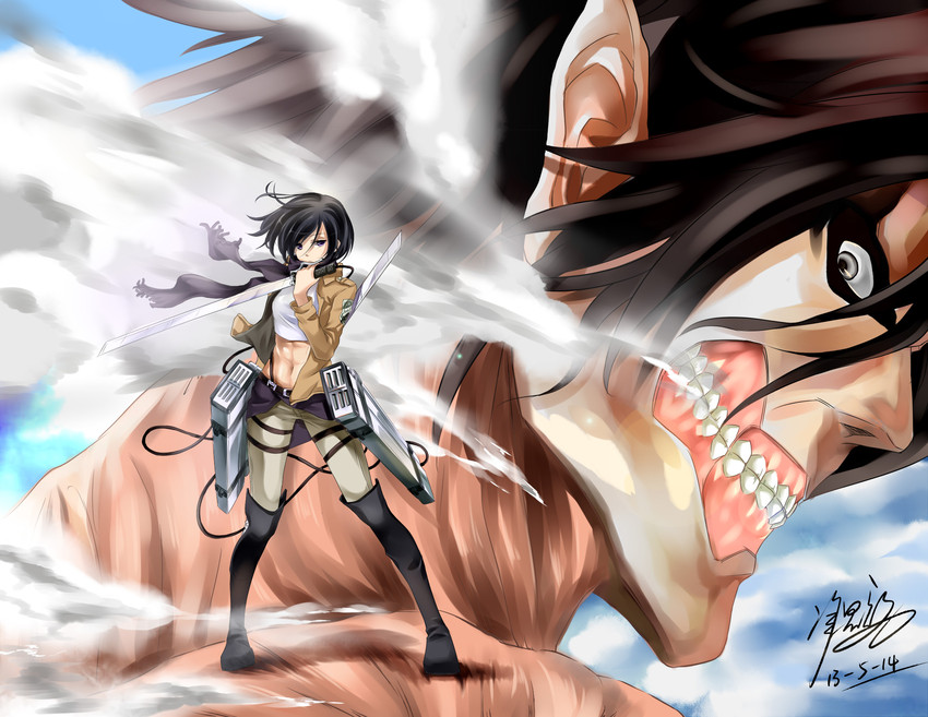 mikasa ackerman, titan, and rogue titan (shingeki no kyojin) drawn by yomi_yasou