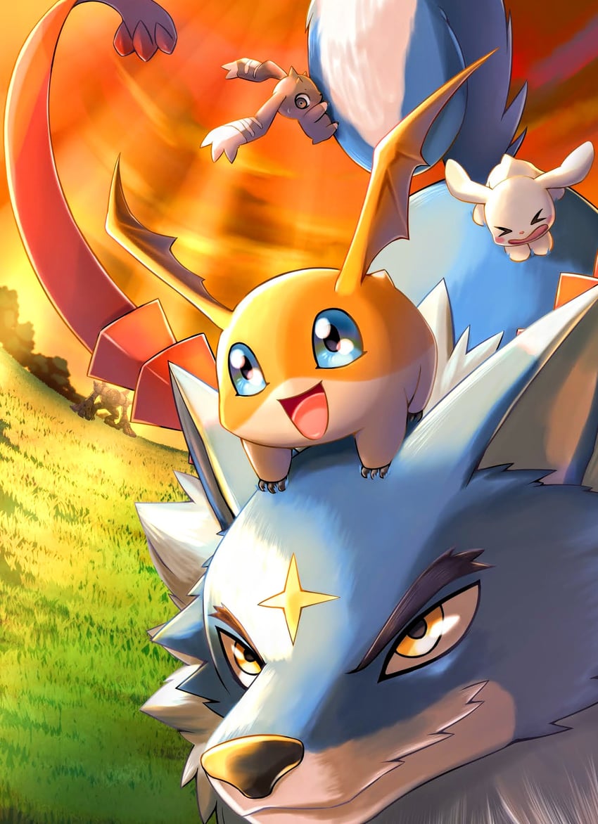 patamon, lopmon, plotmon, gaogamon, and golemon (digimon) drawn by watagashikn