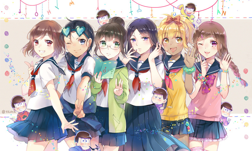matsuno osomatsu, matsuno karamatsu, matsuno ichimatsu, matsuno jyushimatsu, matsuno choromatsu, and 7 more (osomatsu and 2 more) drawn by ekita_kuro