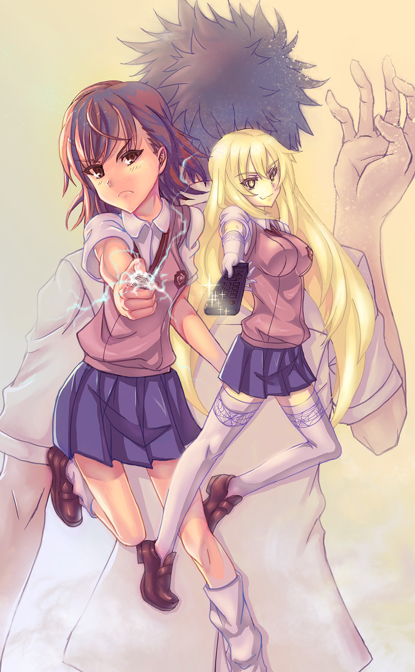 misaka mikoto, shokuhou misaki, and kamijou touma (toaru majutsu no index and 1 more) drawn by walkerka