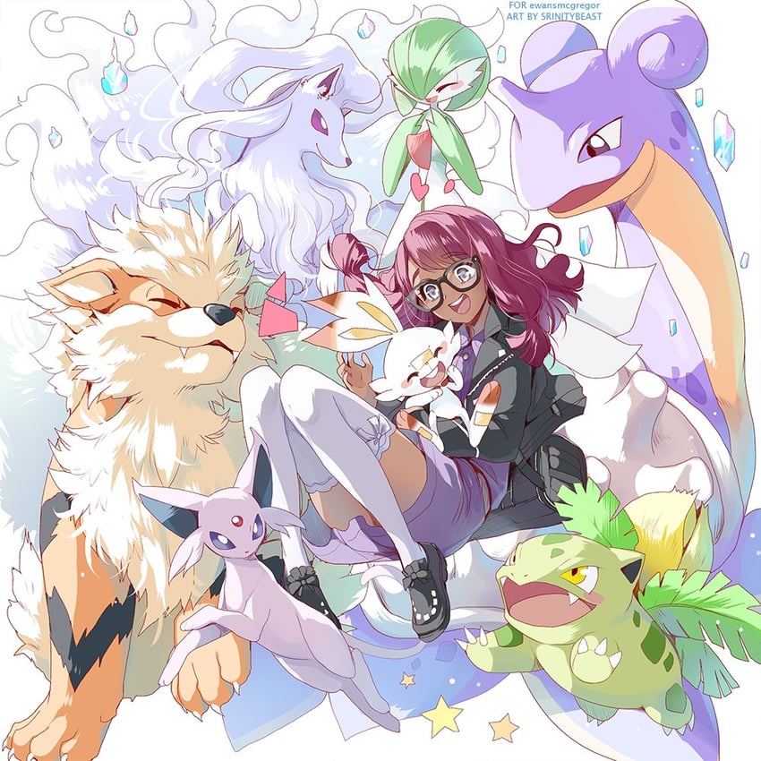 gardevoir, espeon, scorbunny, lapras, ivysaur, and 2 more (pokemon) drawn by srinitybeast