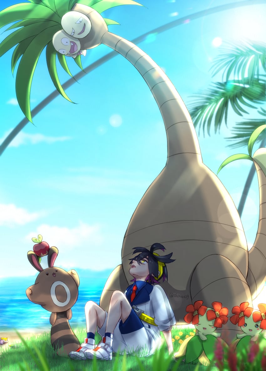 kieran, applin, sentret, alolan exeggutor, and bellossom (pokemon and 1 more) drawn by shiina_(shinao29)