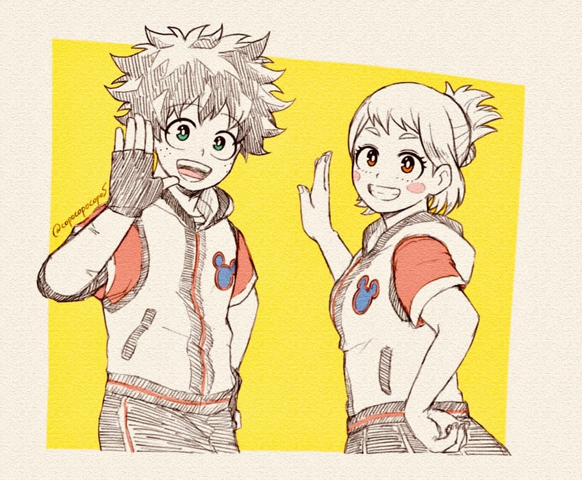 midoriya izuku and uraraka ochaco (boku no hero academia) drawn by coposss