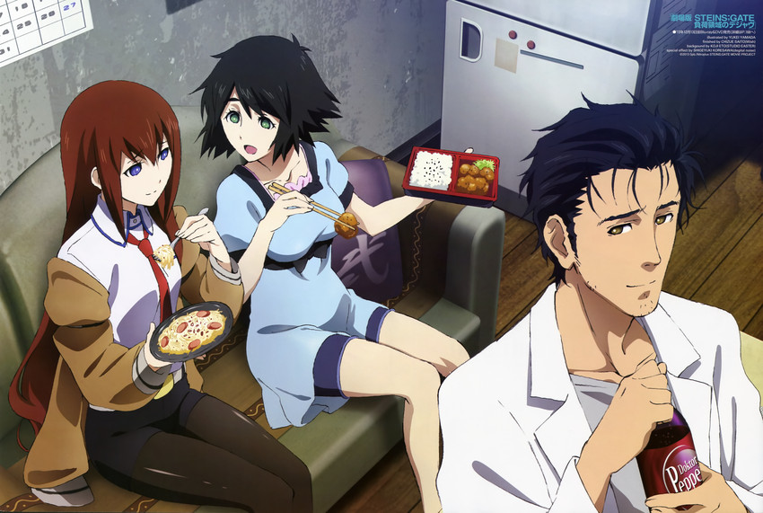 makise kurisu, okabe rintarou, and shiina mayuri (steins;gate and 1 more) drawn by eto_koji, koresawa_shigeyuki, saitou_chizue, and yamada_yuukei