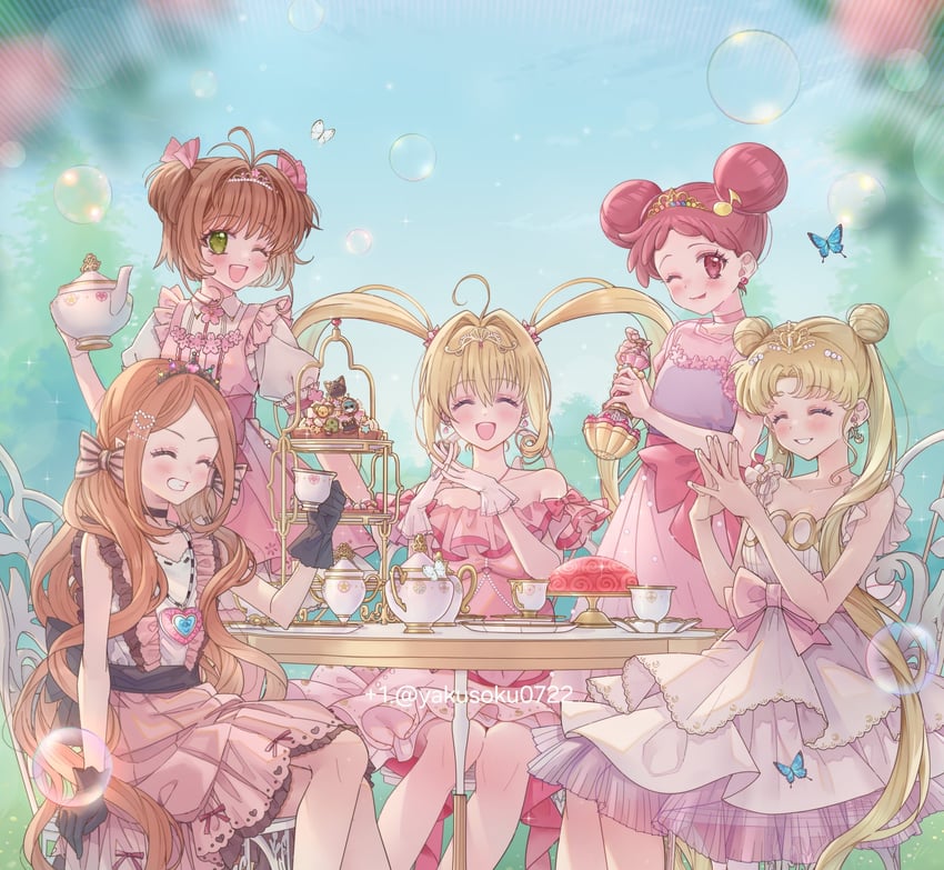 kinomoto sakura, tsukino usagi, kero, luna, harukaze doremi, and 5 more (bishoujo senshi sailor moon and 4 more) drawn by +1_(yakusoku0722)