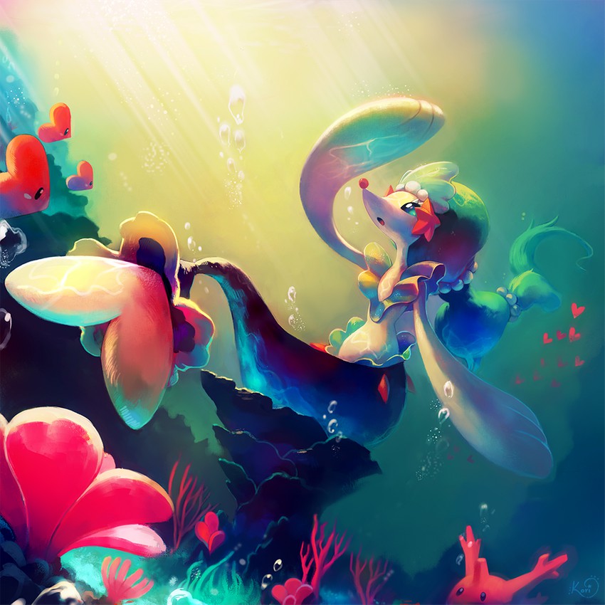 primarina, luvdisc, and corsola (pokemon and 1 more) drawn by koriarredondo