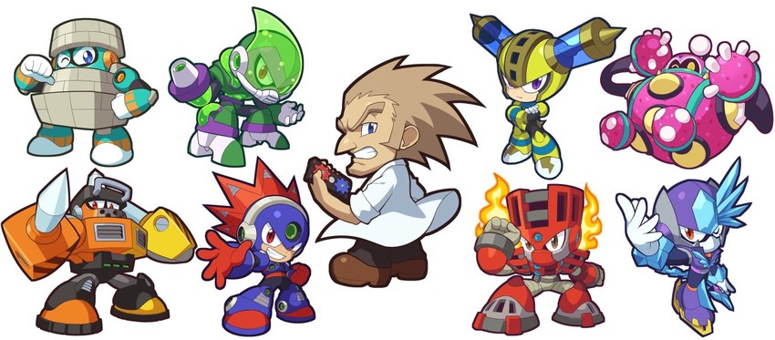 dr. wily, fuse man, block man, tundra man, torch man, and 4 more (mega man and 2 more) drawn by kin_niku