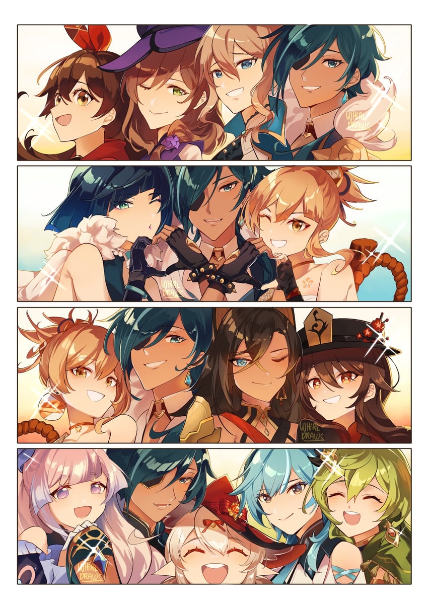 hu tao, klee, eula, yelan, sangonomiya kokomi, and 7 more (genshin impact) drawn by whirldraws