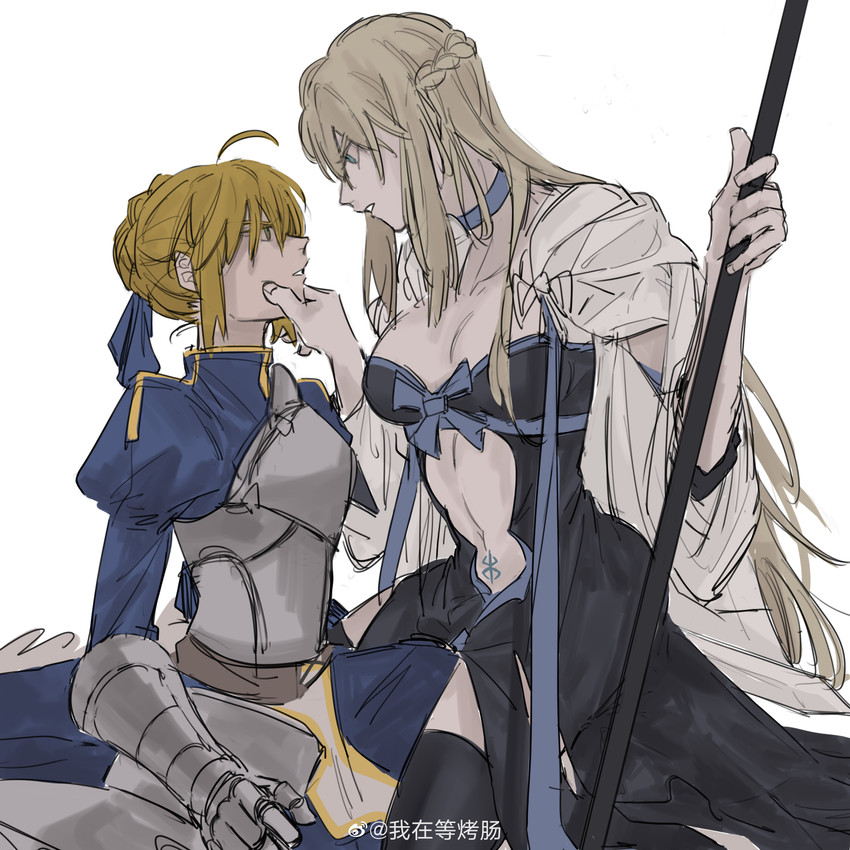 artoria pendragon, saber, and morgan le fay (fate and 2 more) drawn by wozaidengkaochang