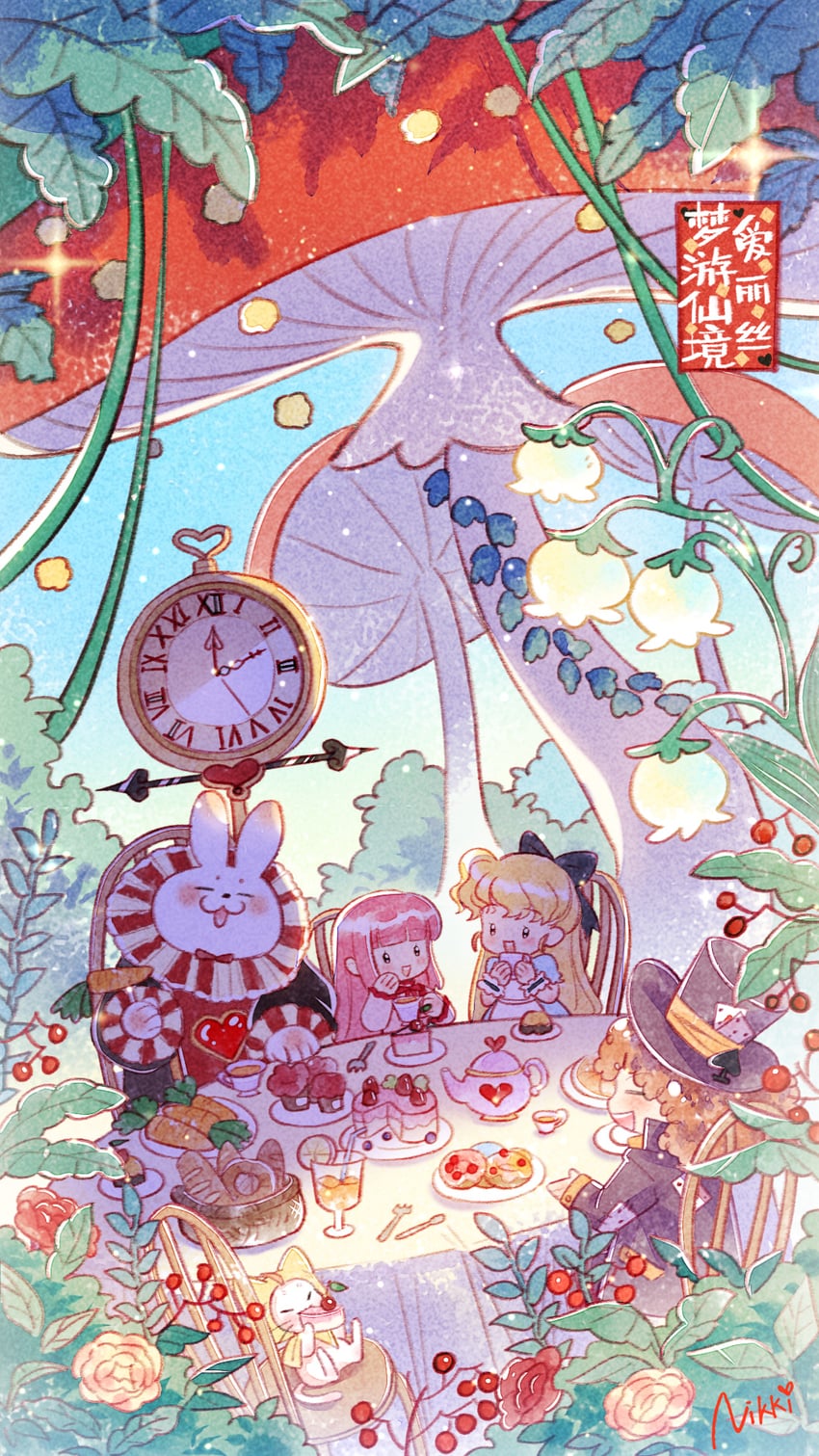 alice, nikki, momo, white rabbit, mad hatter, and 1 more (nikki and 2 more)