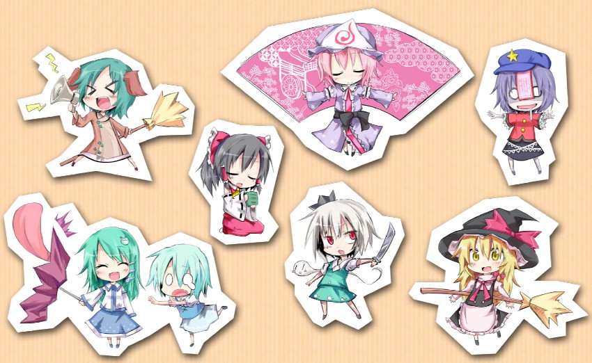 hakurei reimu, kirisame marisa, kochiya sanae, konpaku youmu, saigyouji yuyuko, and 3 more (touhou and 1 more) drawn by kuroneko_no_toorimichi