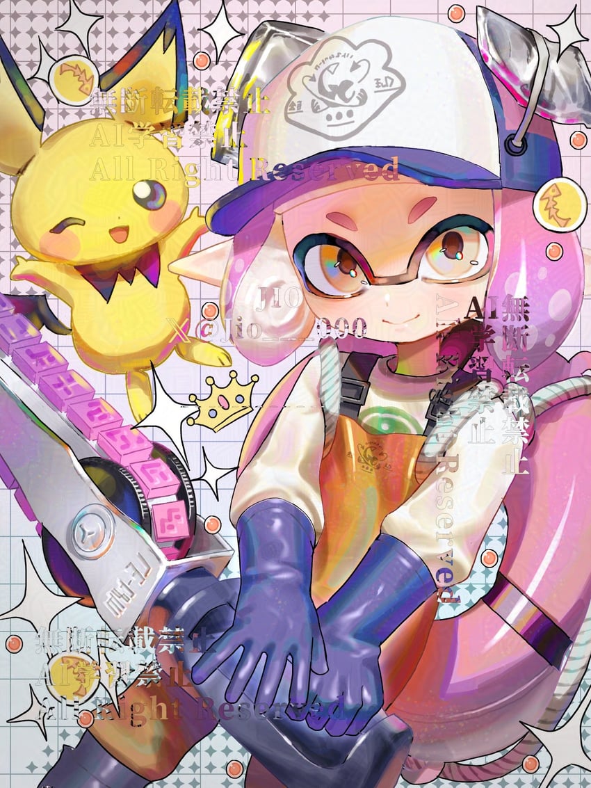 inkling player character, inkling girl, and pichu (pokemon and 2 more) drawn by jio_000