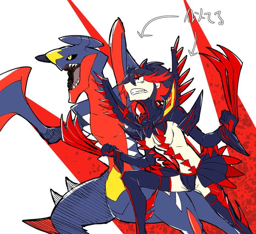 matoi ryuuko, senketsu, garchomp, and mega garchomp (pokemon and 1 more) drawn by takatsuki_nato