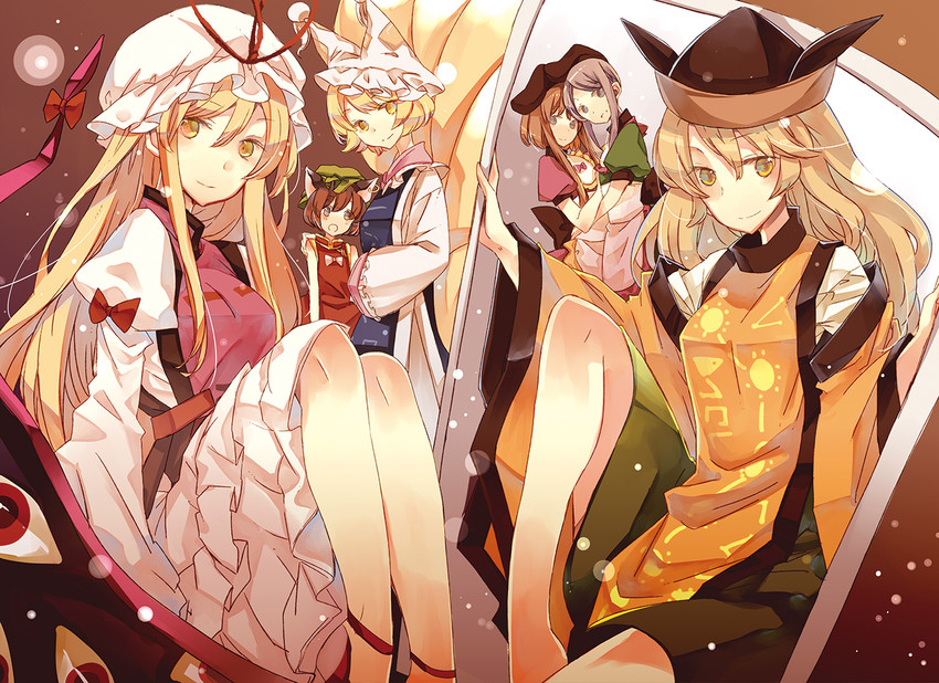 yakumo yukari, yakumo ran, chen, matara okina, nishida satono, and 1 more (touhou) drawn by atoki