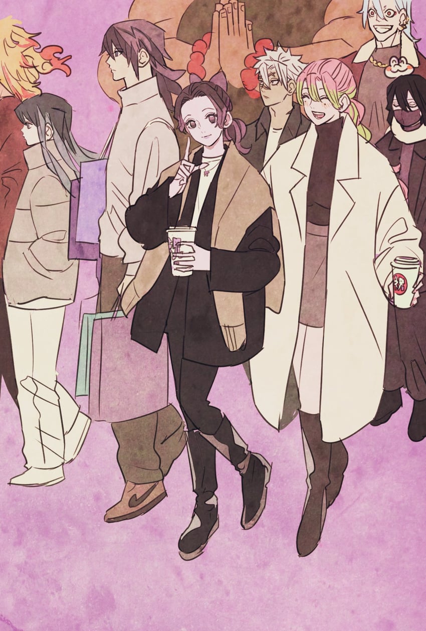 kochou shinobu, kanroji mitsuri, rengoku kyoujurou, tomioka giyuu, tokitou muichirou, and 4 more (kimetsu no yaiba) drawn by takeuchi_ryousuke