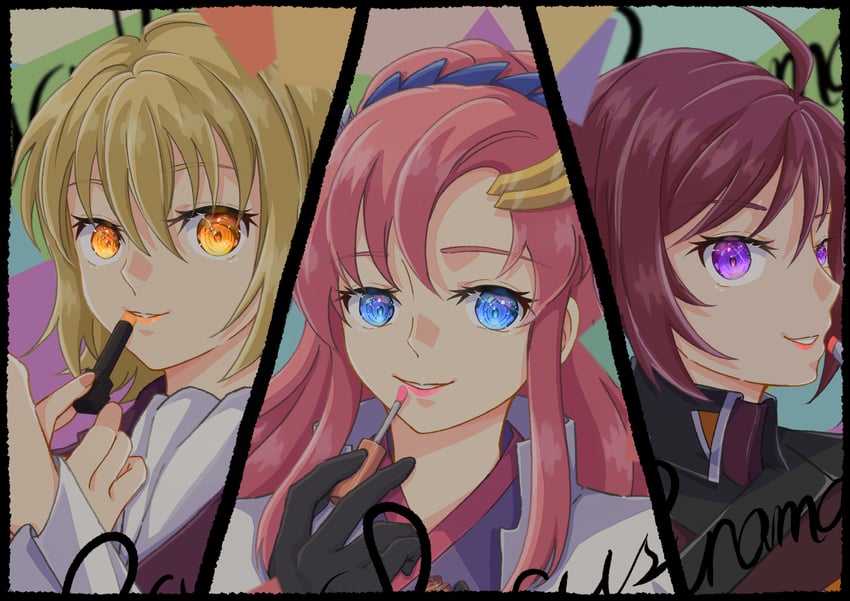 cagalli yula athha, lacus clyne, and lunamaria hawke (gundam and 2 more) drawn by murasaki_remon