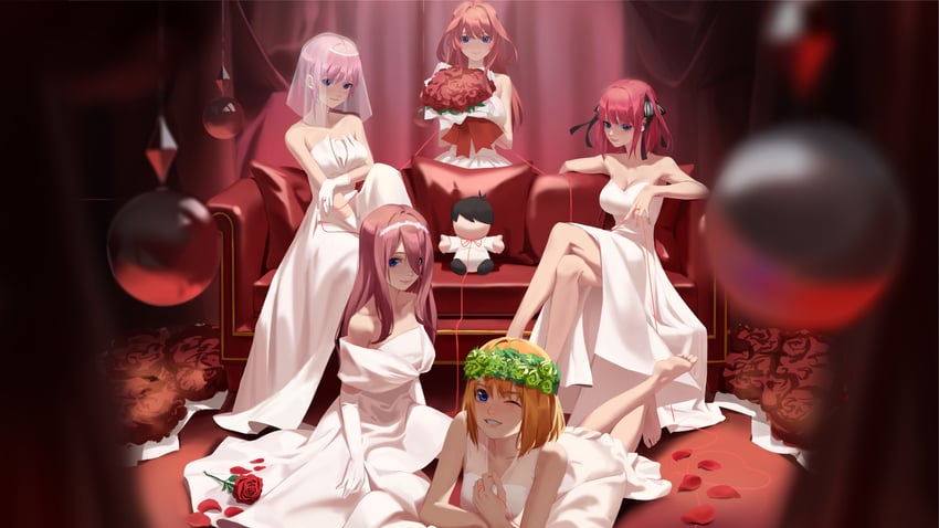 nakano nino, nakano miku, nakano yotsuba, nakano ichika, nakano itsuki, and 1 more (go-toubun no hanayome) drawn by kan_bu_jian_de_feng
