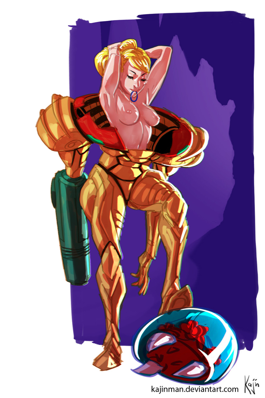samus aran, metroid, and metroid larva (metroid and 1 more) drawn by kajin_(kajinman)