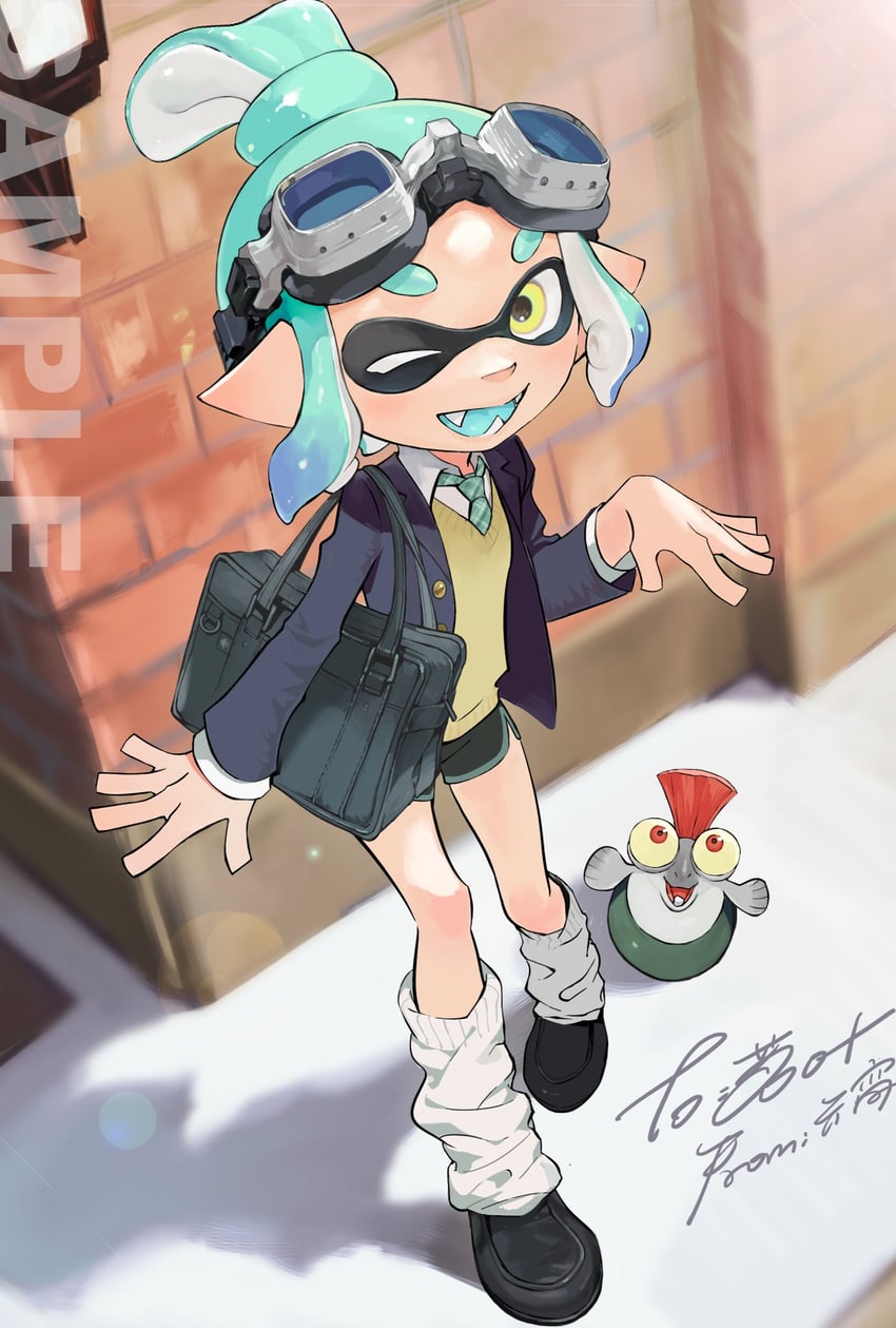 inkling player character, inkling girl, and smallfry (splatoon) drawn by lantern_madoyoi