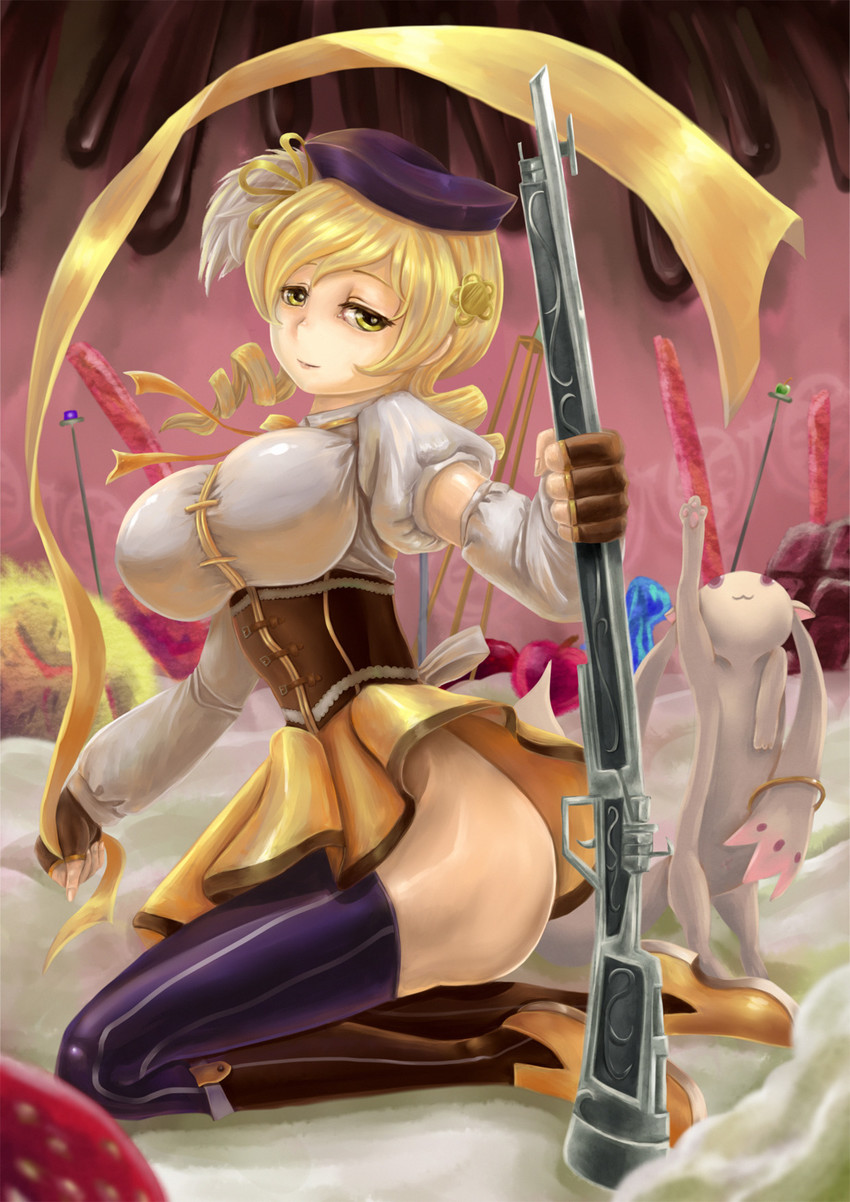 tomoe mami and kyubey (mahou shoujo madoka magica) drawn by amibazh