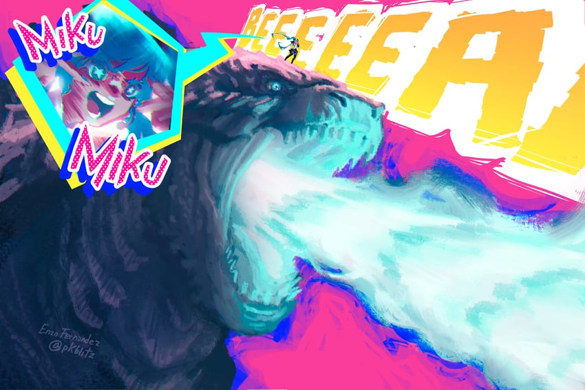 hatsune miku and godzilla (vocaloid and 3 more) drawn by enzo_fernandez