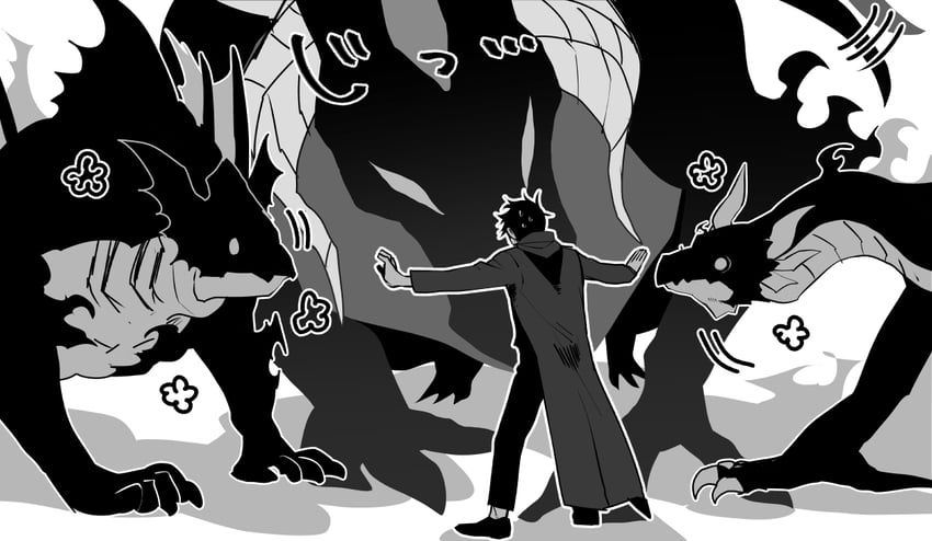 sung jin-woo, kaisel, kamish, and jima (solo leveling) drawn by hiyomon