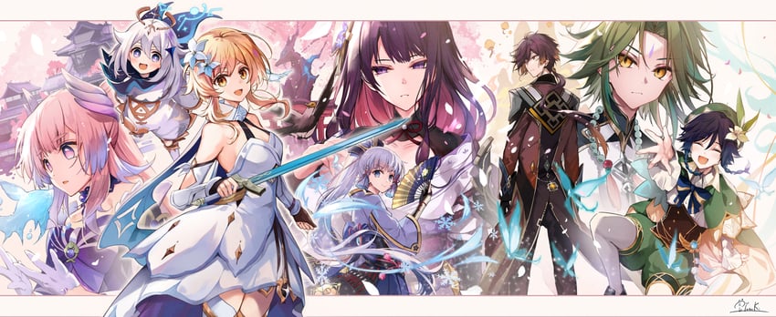 lumine, raiden shogun, zhongli, venti, paimon, and 4 more (genshin impact) drawn by hirai_yuzuki