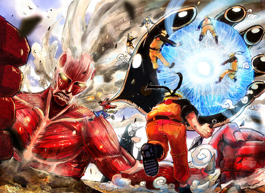 monkey d. luffy, uzumaki naruto, titan, colossal titan, and menos grande (one piece and 5 more) drawn by demong3