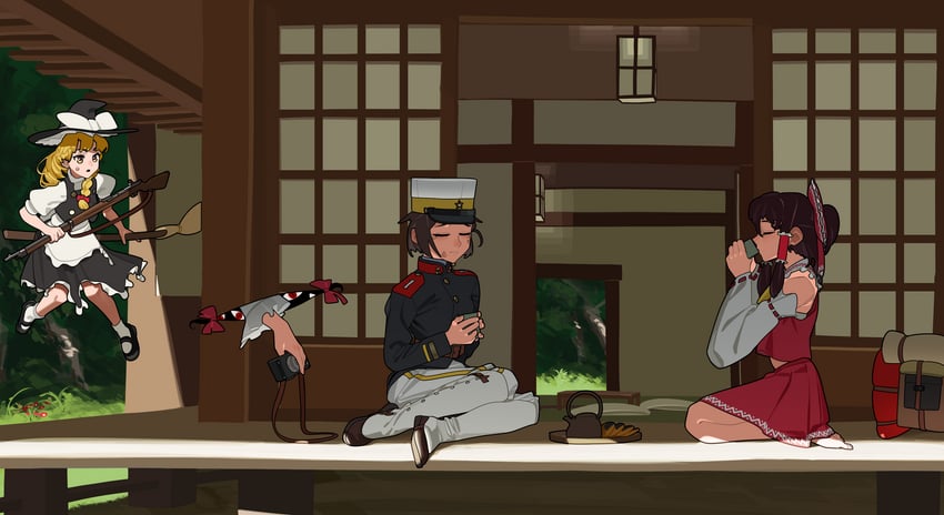 hakurei reimu, kirisame marisa, and yakumo yukari (original and 1 more) drawn by pzkpfwi