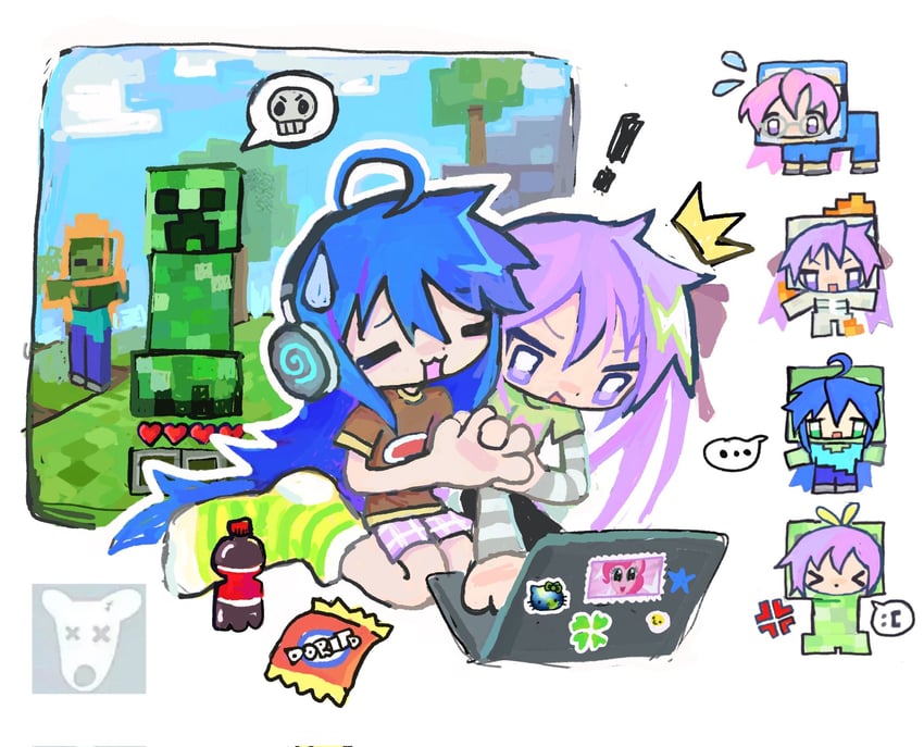 hiiragi kagami, izumi konata, hiiragi tsukasa, takara miyuki, hello kitty, and 5 more (lucky star and 4 more) drawn by http_oopsy