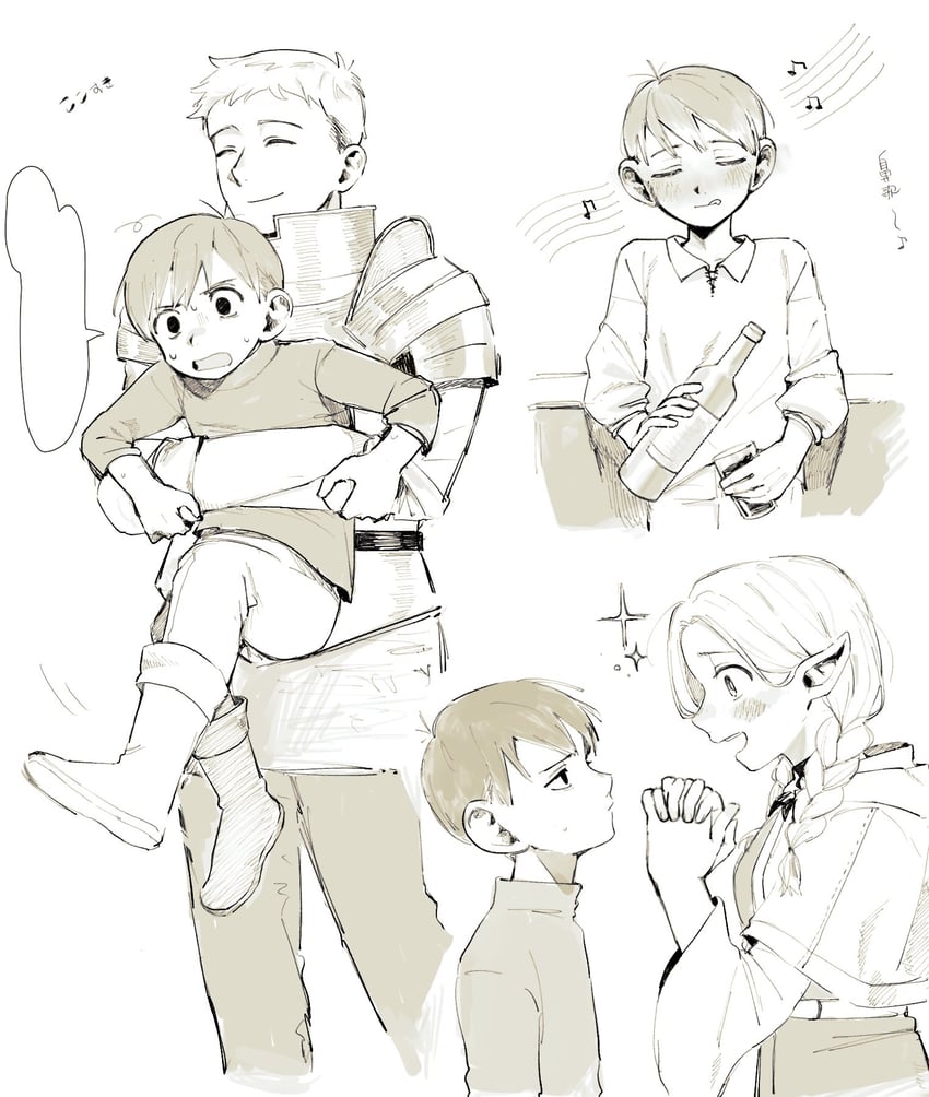 marcille donato, laios touden, and chilchuck tims (dungeon meshi) drawn by oniwa_028