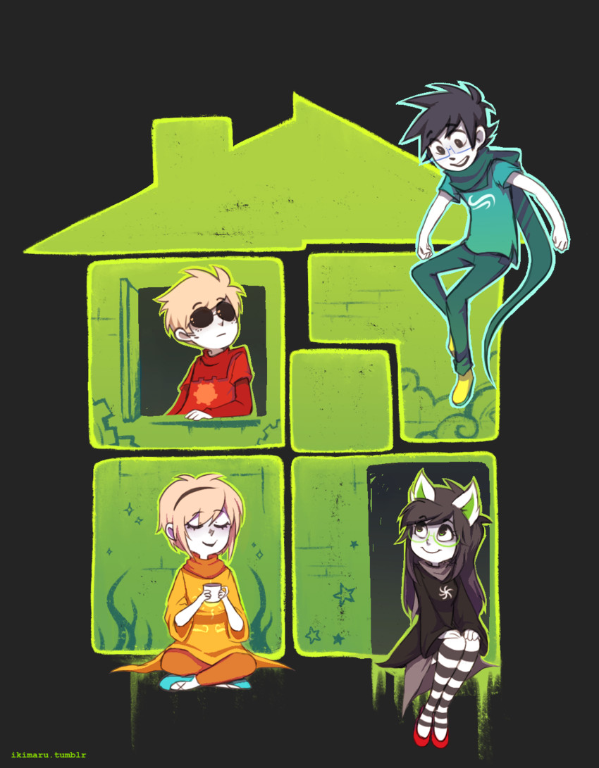 rose lalonde, jade harley, dave strider, and john egbert (homestuck) drawn by ikimaru