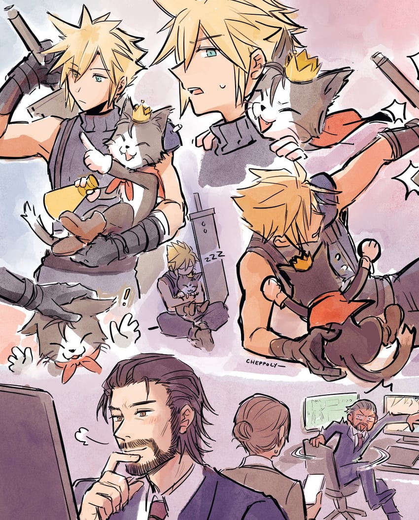 cloud strife, cait sith, and reeve tuesti (final fantasy and 3 more) drawn by cheppo