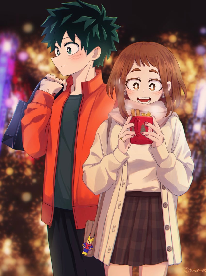 midoriya izuku, uraraka ochaco, and all might (boku no hero academia) drawn by tooshiro10