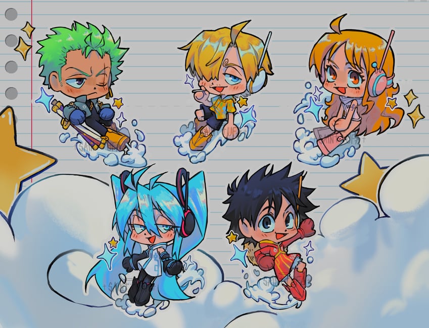 hatsune miku, nami, monkey d. luffy, roronoa zoro, and sanji (vocaloid and 1 more) drawn by sainttufa