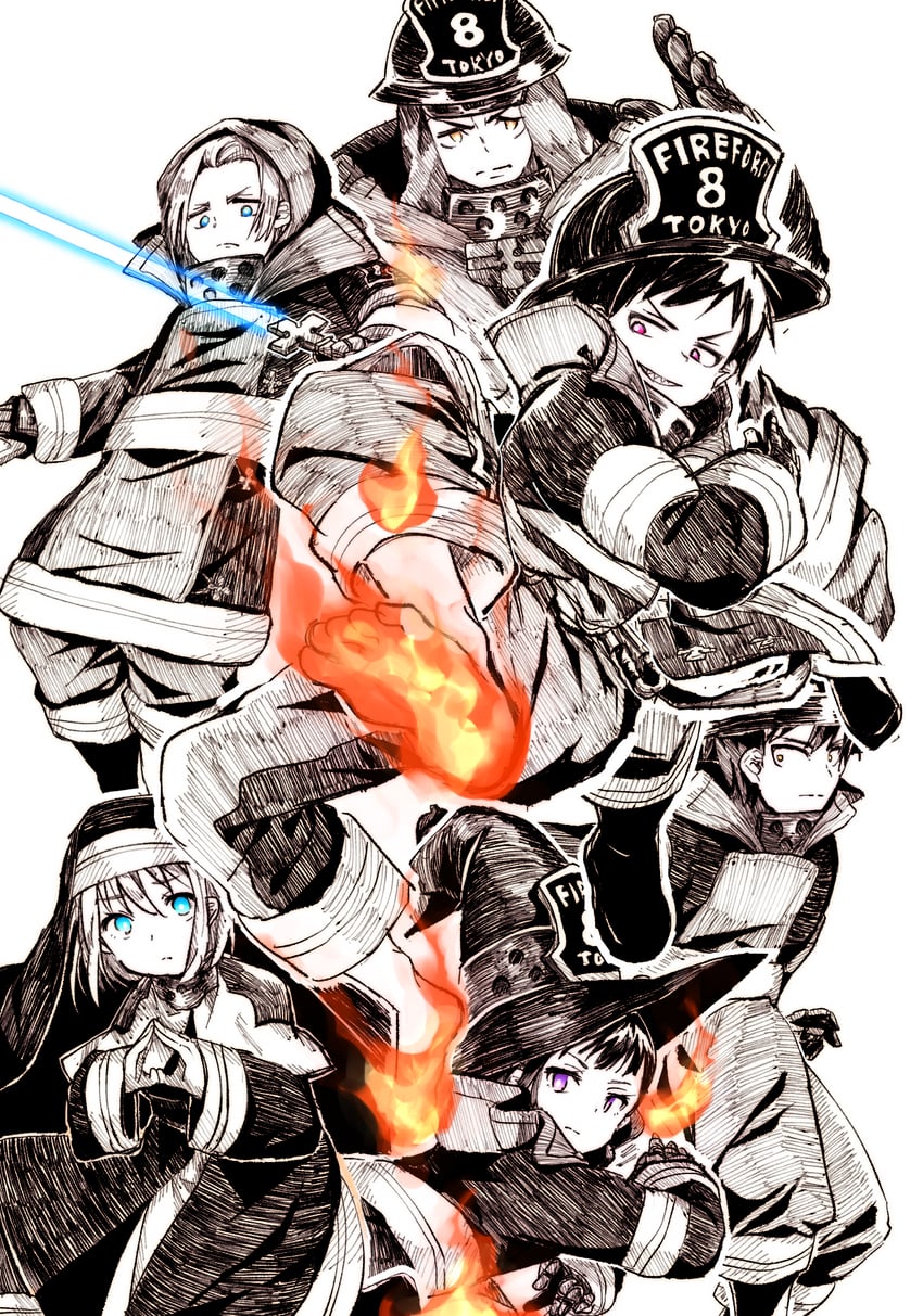 maki oze, shinra kusakabe, iris, arthur boyle, and lisa isaribi (en'en no shouboutai) drawn by 1441214