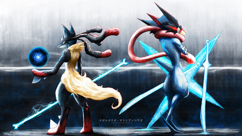lucario, greninja, mega lucario, and ash-greninja (pokemon and 2 more) drawn by jcstr