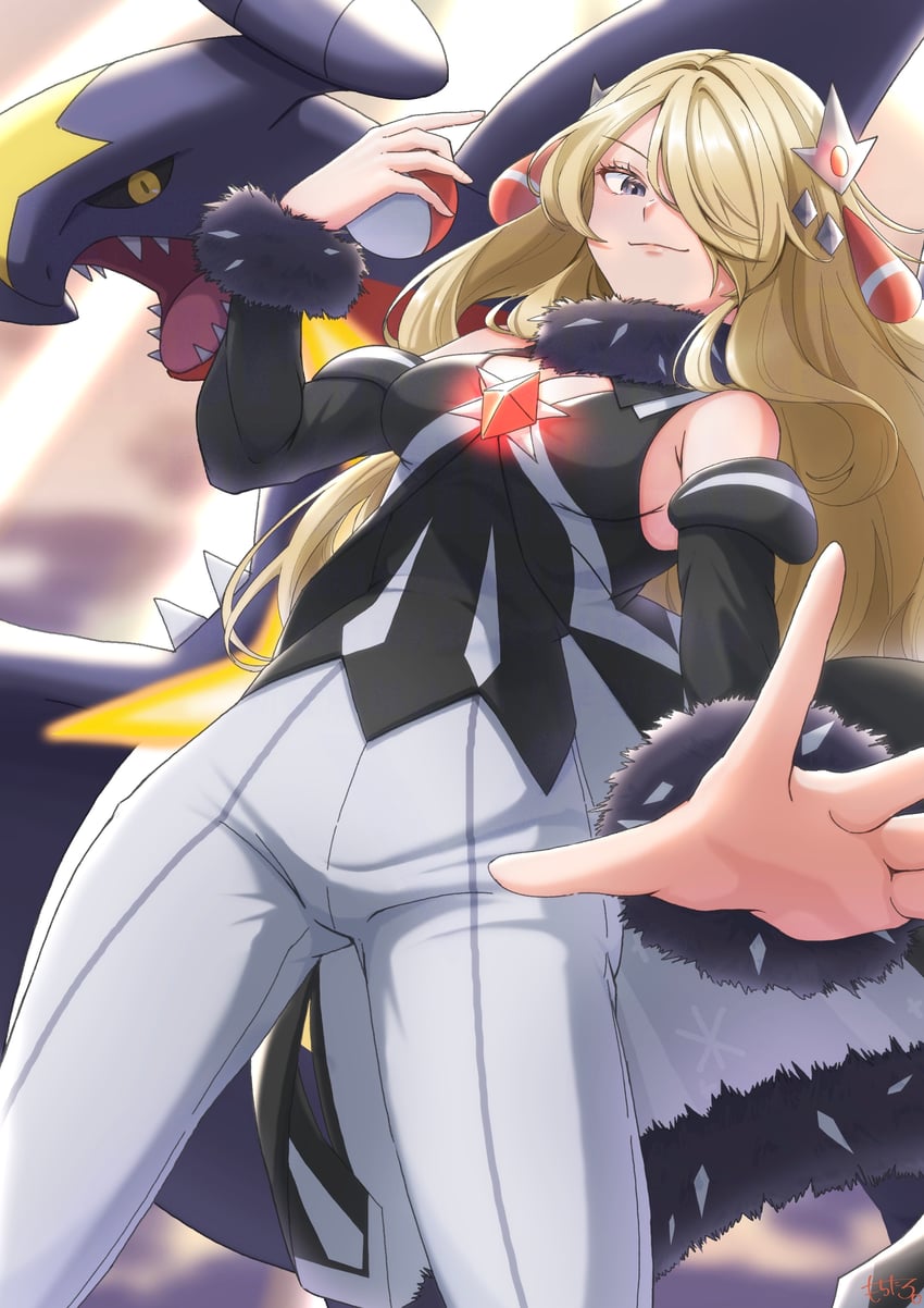 garchomp and cynthia (pokemon and 1 more) drawn by mochitaro_(mothitaroo)