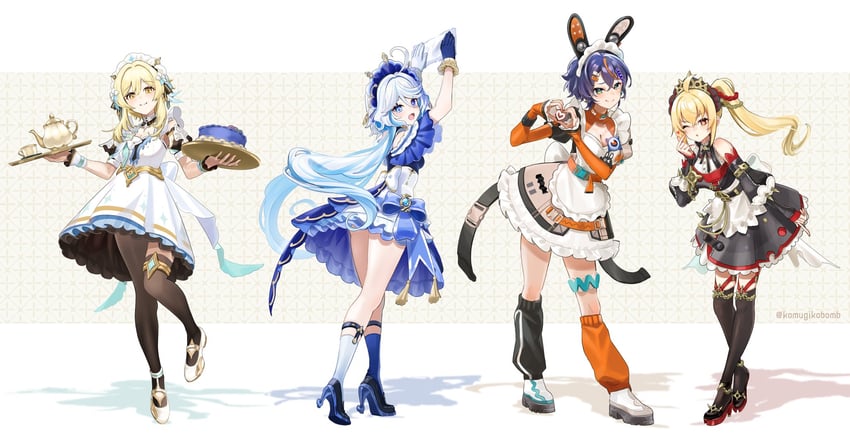 lumine, furina, belle, and luciana de montefio (genshin impact and 2 more) drawn by kyona_(konakona)