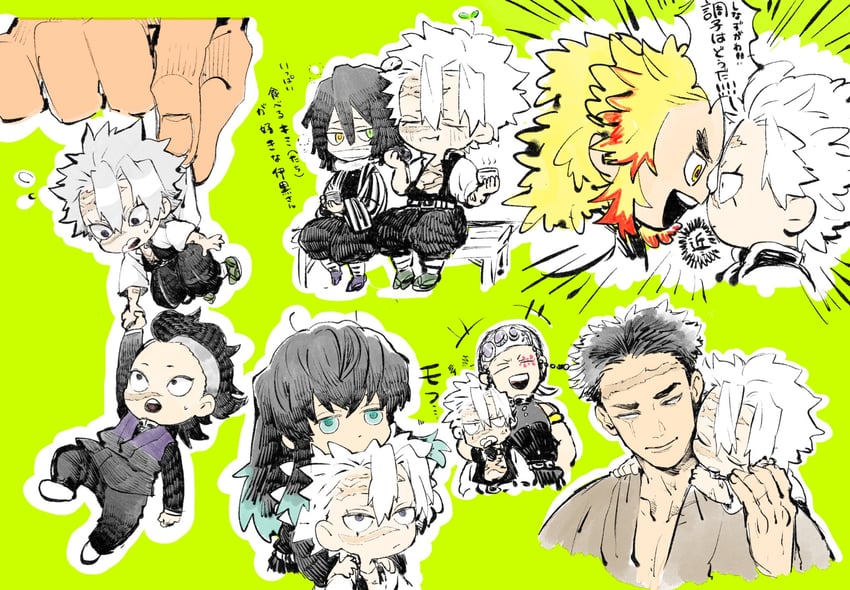 rengoku kyoujurou, tokitou muichirou, shinazugawa sanemi, iguro obanai, shinazugawa genya, and 1 more (kimetsu no yaiba) drawn by ashinamaturi