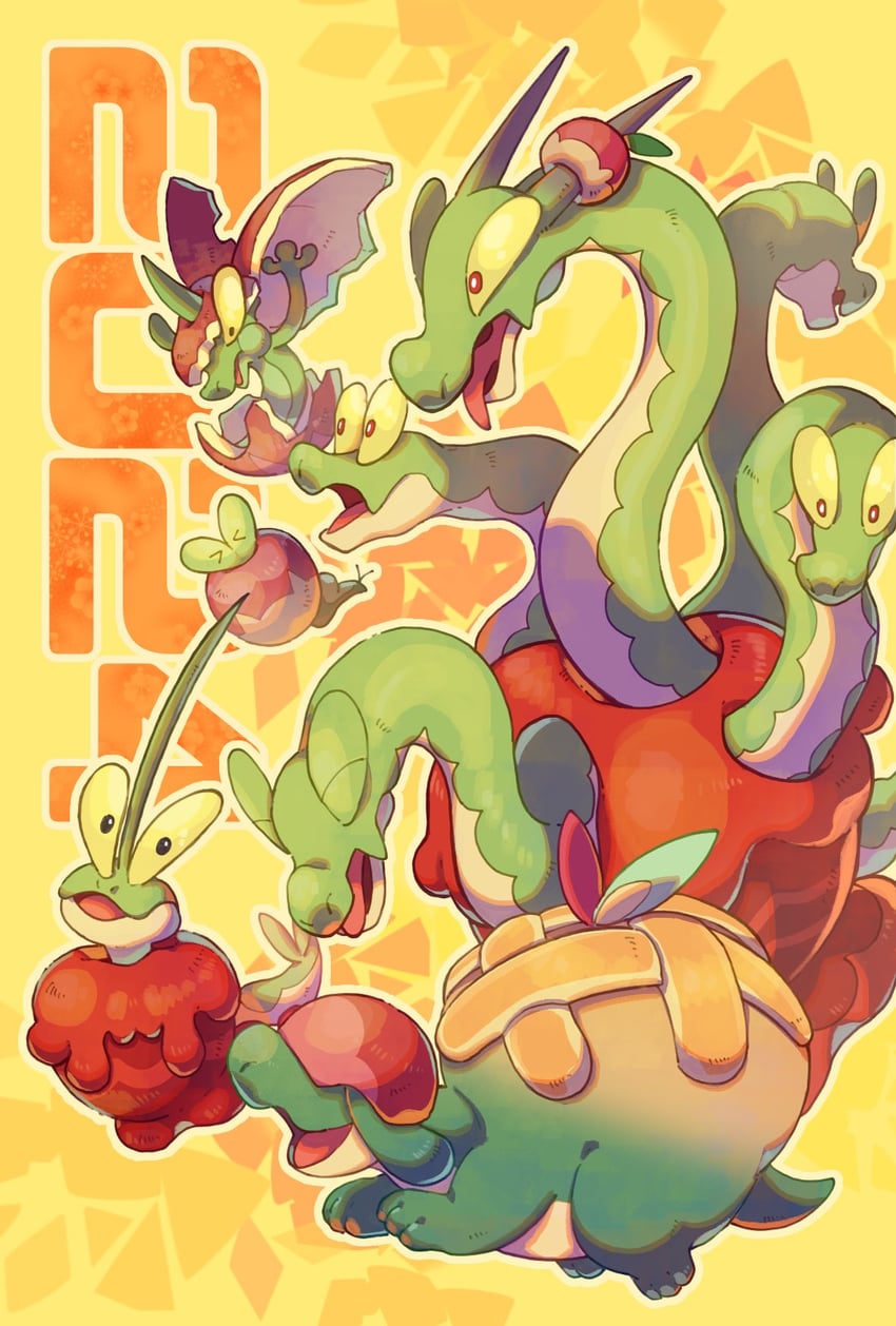 applin, hydrapple, dipplin, appletun, and flapple (pokemon) drawn by tomao
