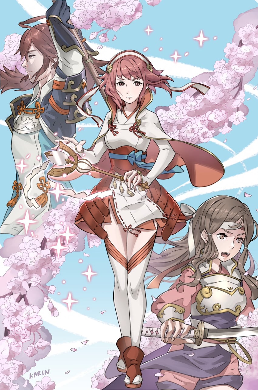 sakura, hana, and subaki (fire emblem and 1 more) drawn by karrincorrin