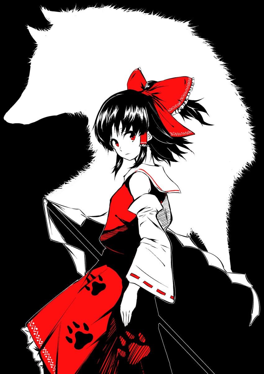 hakurei reimu and wolf spirit (touhou and 1 more) drawn by sen_(daydream_53)