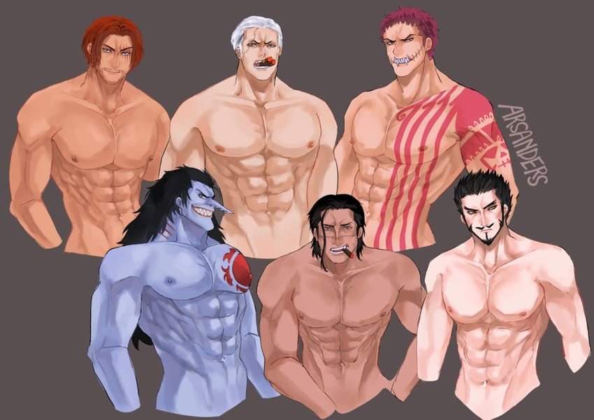 shanks, crocodile, dracule mihawk, smoker, charlotte katakuri, and 1 more (one piece) drawn by arxanderxeponkbob