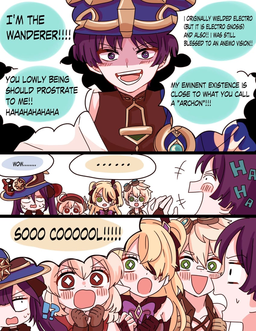 scaramouche, wanderer, mona, klee, fischl, and 1 more (genshin impact) drawn by cocotsuko1204